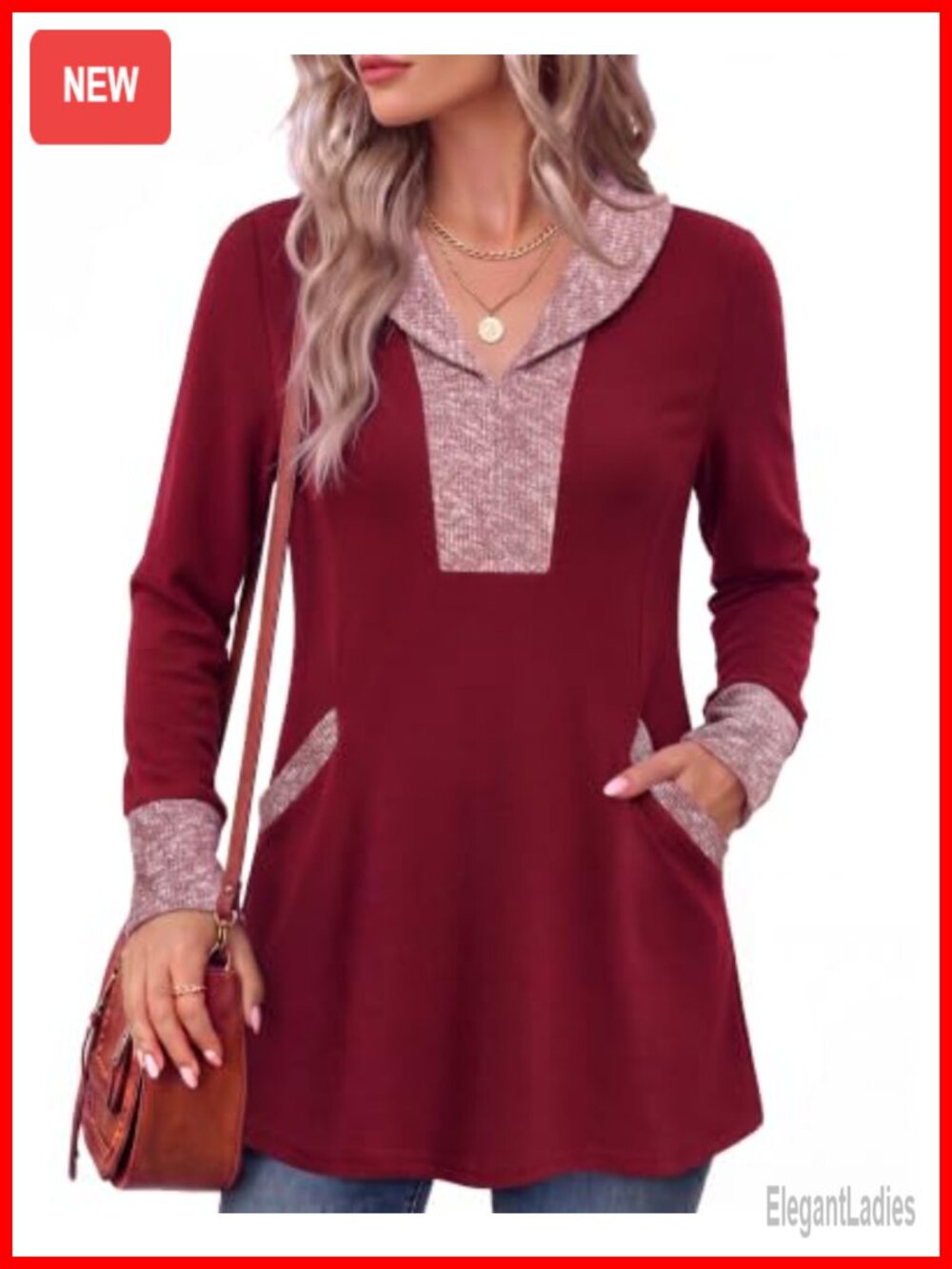 Womens V Neck Tunic Sweater with Pockets Long Sleeve Knit Work Shirt